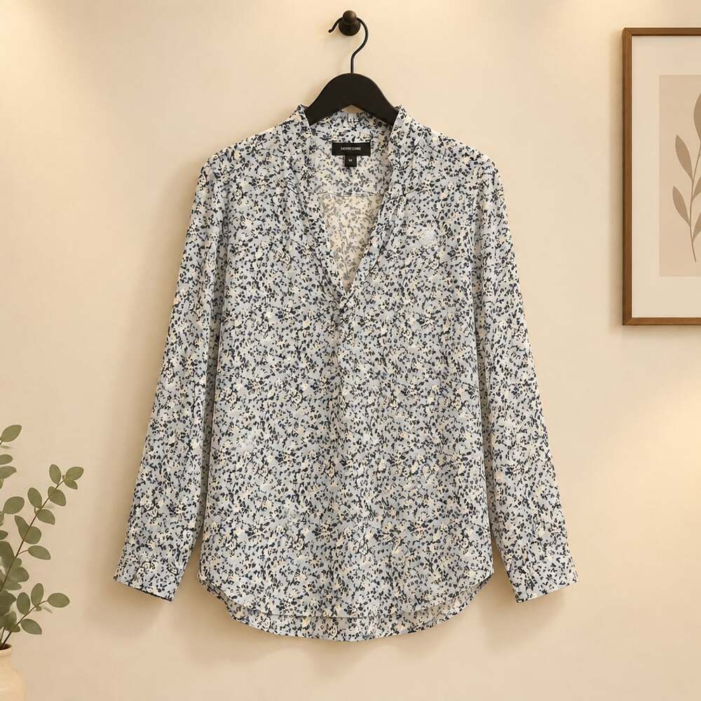 Karen Kane Floral Blouse Size M Blue Long Sleeve Collared Shirt